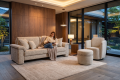 Murano mit Hocker in Gemini 904 cremeweiß mit Bologna Sofa in Boucle Royale